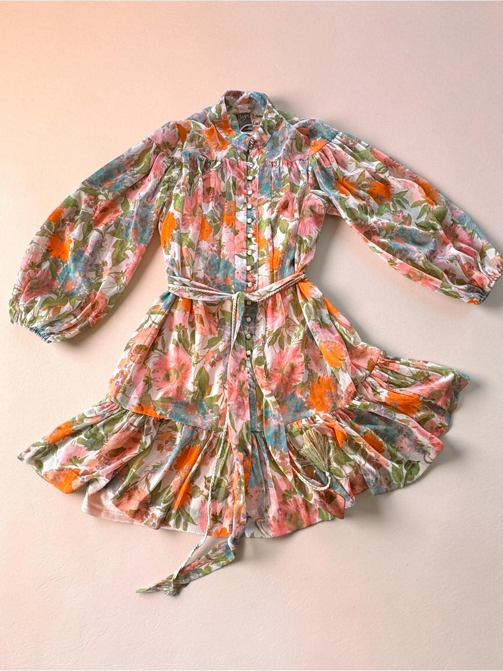 NWT Taylor Floral Tiered Chiffon Mini Dress Long Slv Sz 14 - Pink & Orange